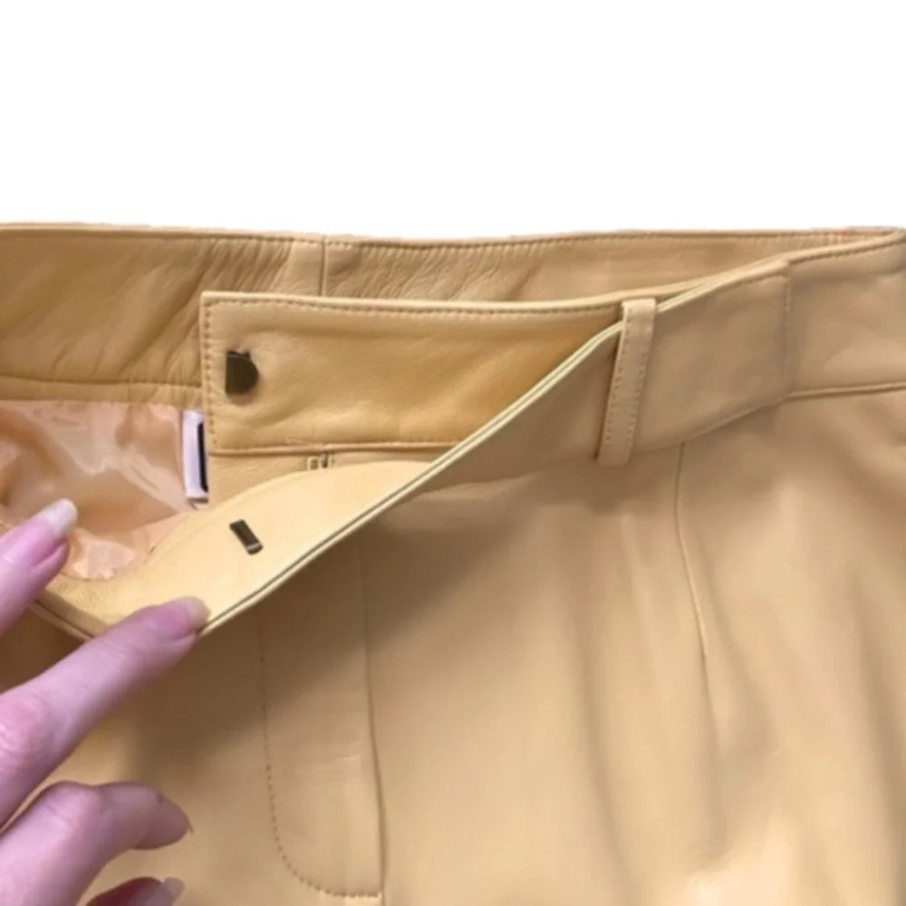 100% Real leather pants mustard golden yellow designer vintage pants high waist